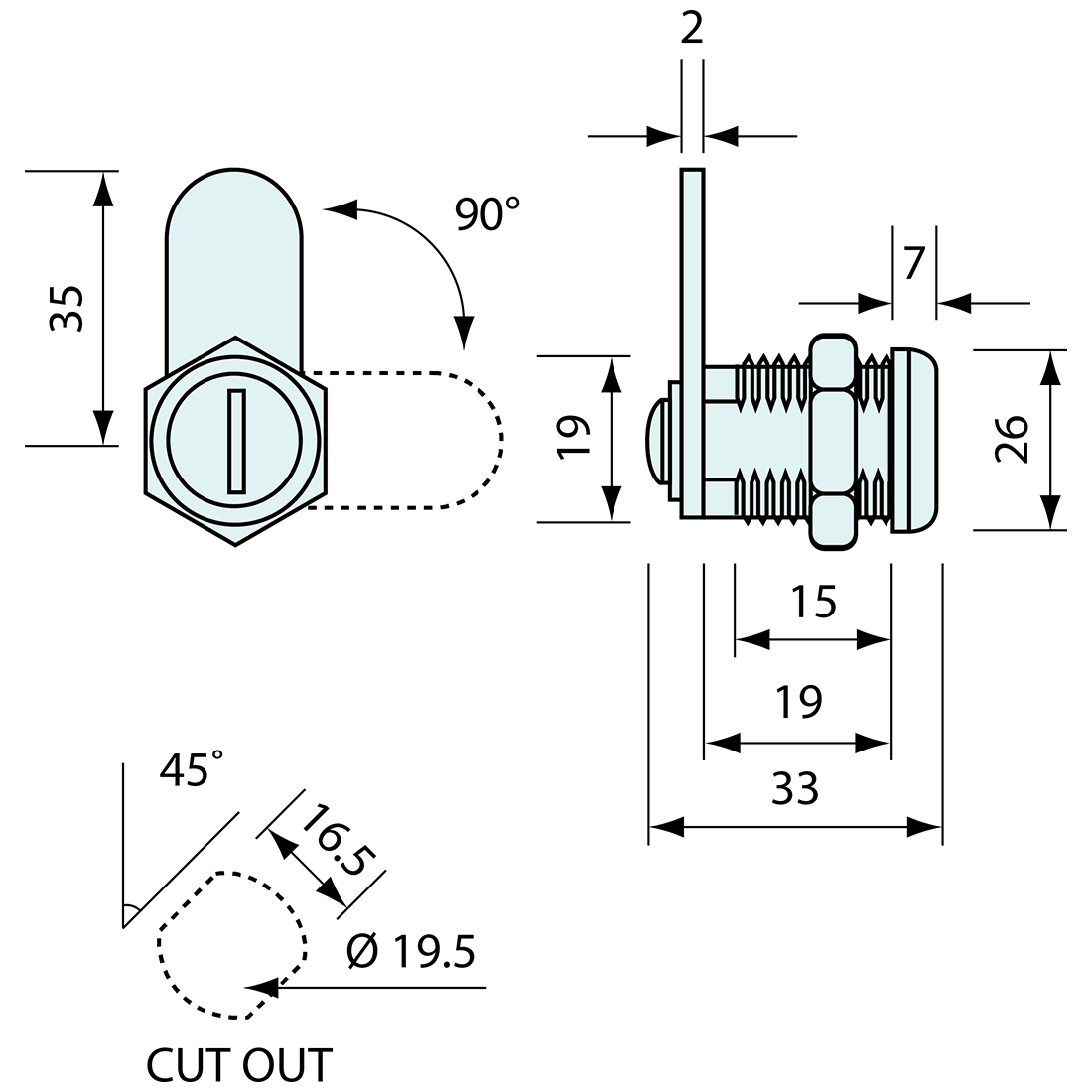 Key Locking Cam Lock Round Face 90deg Rotation 35mm